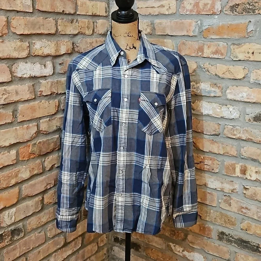 Levi's Men’s Blue Plaid Western Pearl Snap Shirt – Size Large